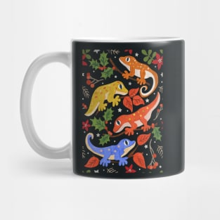 Colourful Christmas Geckos with Holly on Black Mug